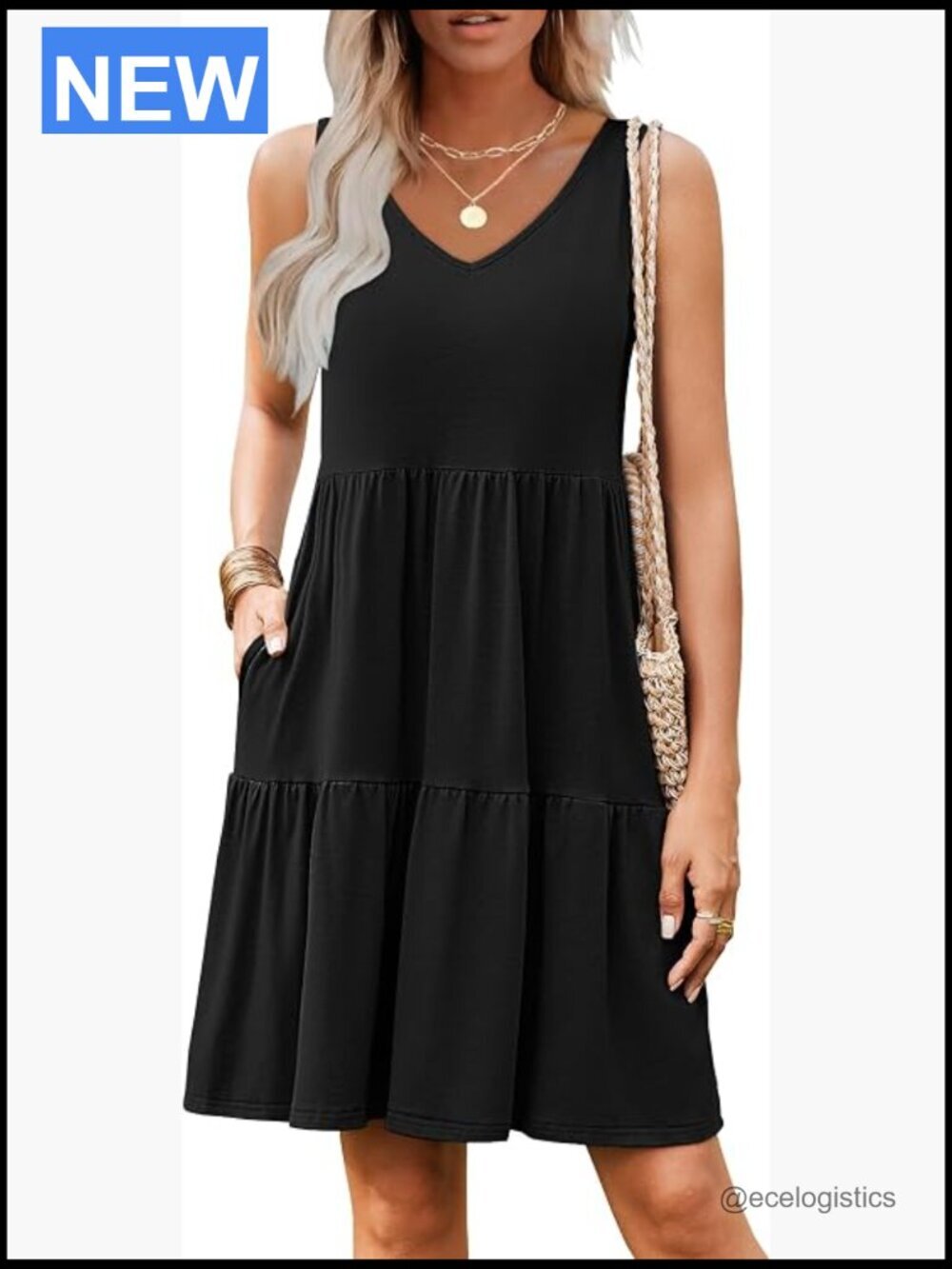 Summer V Neck Sleeveless Tank Dress with Pockets Flowy Tiered